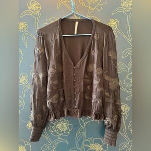 By ANTHROPOLOGIE black EMBROIDERED long sleeve SHEER top MEDIUM buttons